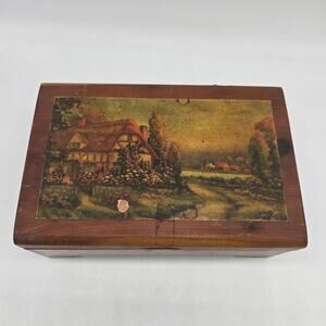 Vintage Wood Jewelry Trinket Box with Hinged Cottage Scene Lid Brown